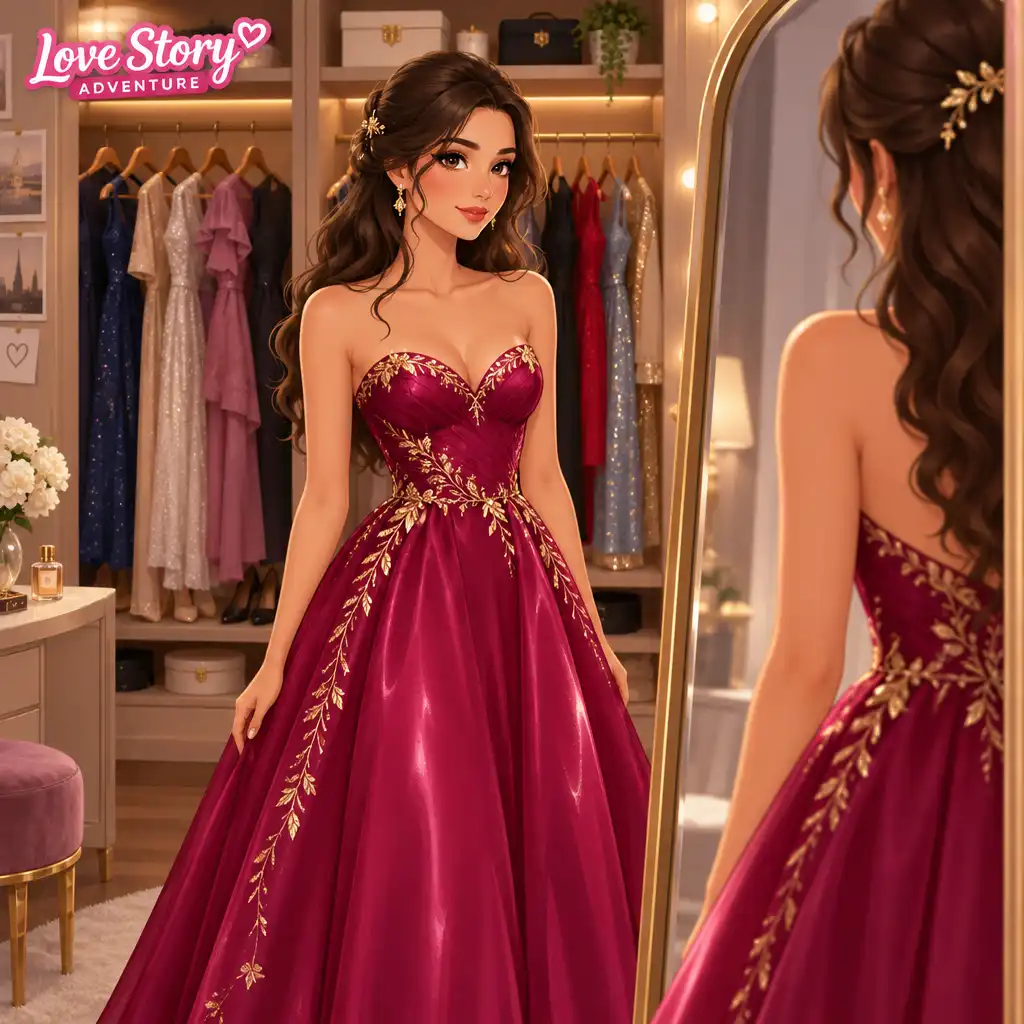 Avatar féminin portant une robe de bal framboise devant un miroir de dressing.