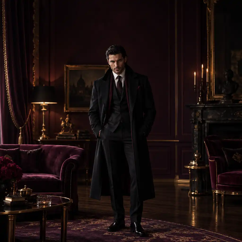 Alexandre, homme charismatique aux cheveux noirs, portant un costume sombre et un manteau long