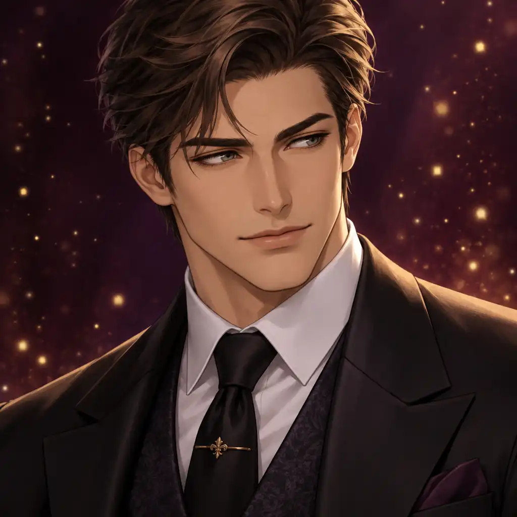 Portrait d'un personnage masculin élégant de Love Story Adventure, regard doux et mystérieux.